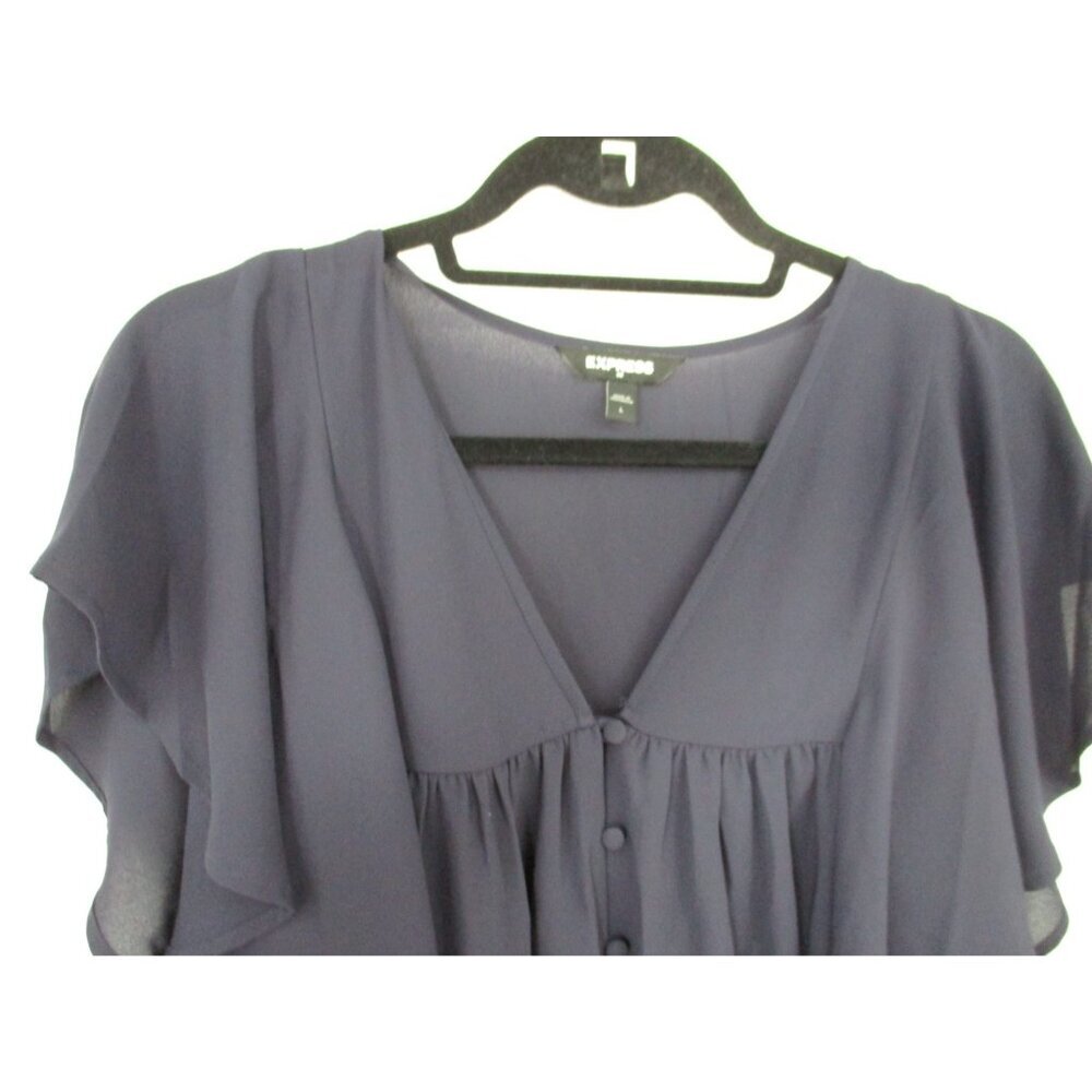 Express Button Front Sheer Sleeveless Navy Blue Blouse Womens L Ruffled - Picture 3 of 14
